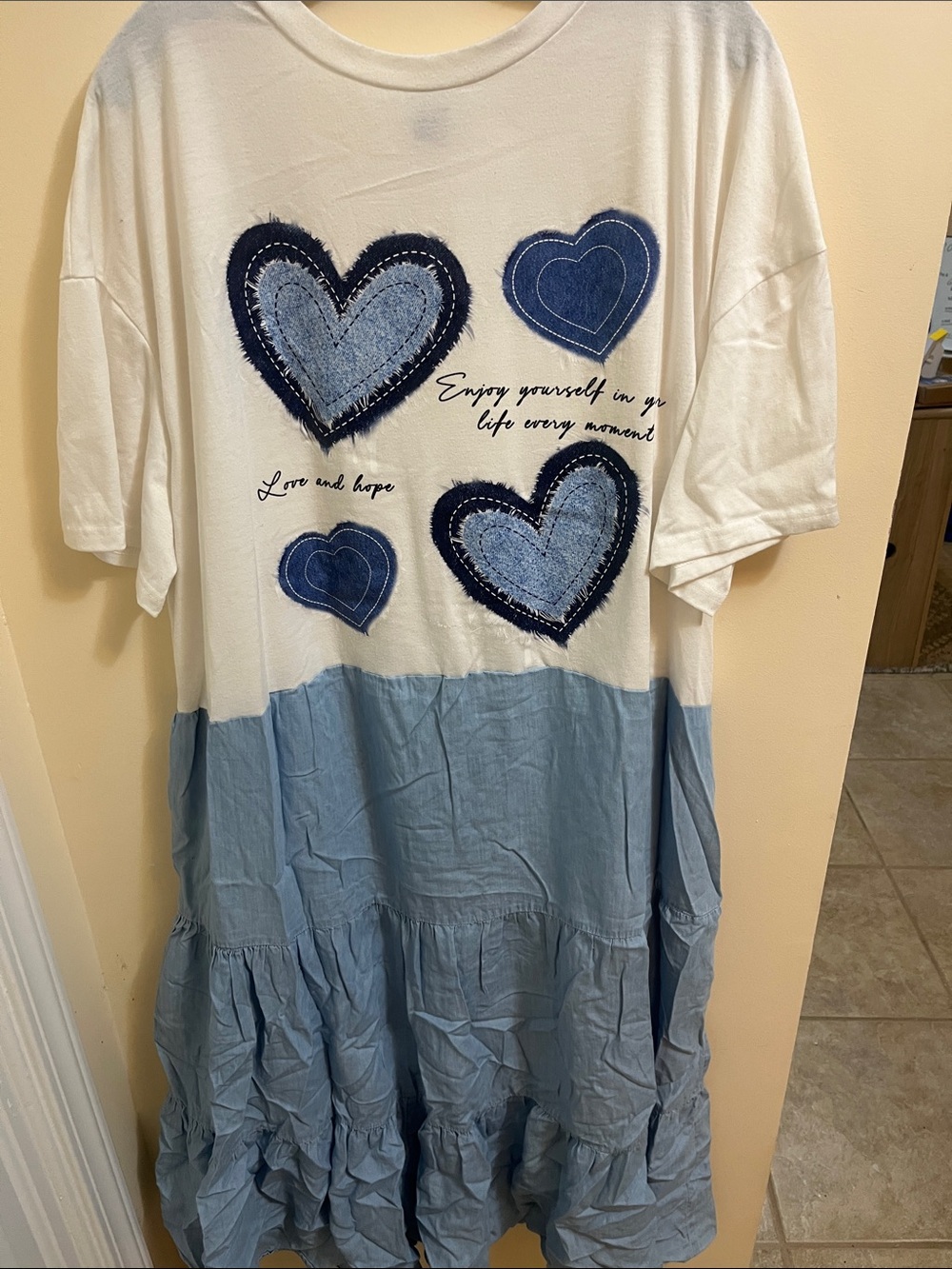 White & Light Blue Heart Patch Maxi Dress
